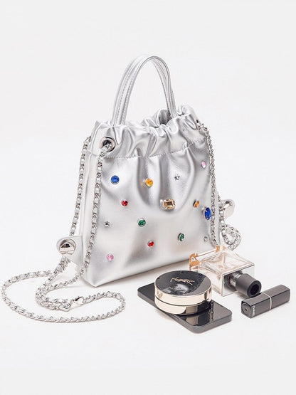 Glamorous Silver Drawstring Backpack With Rhinestone Embellishments