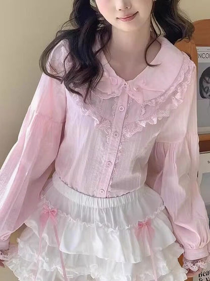 Pink Lolita Lace Doll Neck Blouse - Lan Jian Chuan