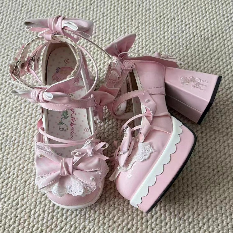 Pink Heel Mary Bow High Lolita Striped 8cm - Block Janes PU Sweet Platform