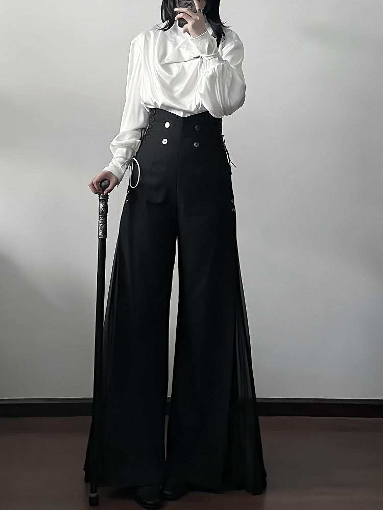 Ouji Style 110cm High Waist Wide-Leg Black Pants with Pleated Chiffon Panel - DevilInspired Exclusive Collection