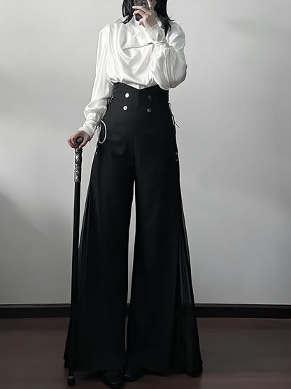 Ouji Style 110cm High Waist Wide-Leg Black Pants with Pleated Chiffon Panel - DevilInspired Exclusive Collection