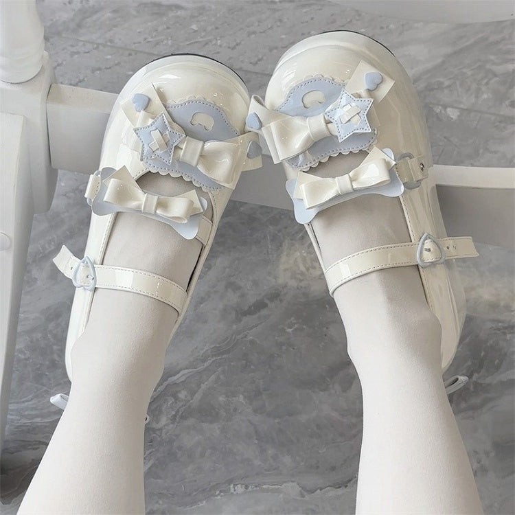 Platform Sweet Heart Blue Decor with Bow Jane Round-Toe Details Shoes White Mary Lolita