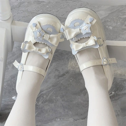 Platform Sweet Heart Blue Decor with Bow Jane Round-Toe Details Shoes White Mary Lolita