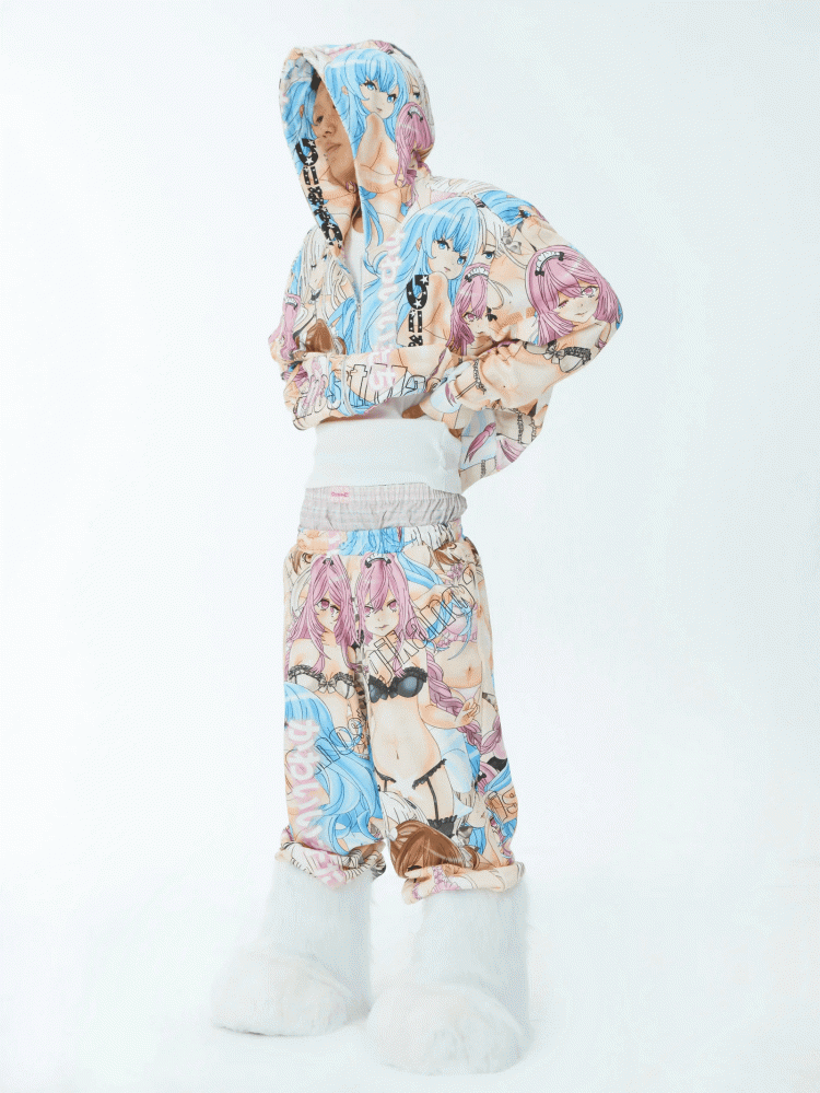 Closure Hoodie Colorful Cartoon Print Zip