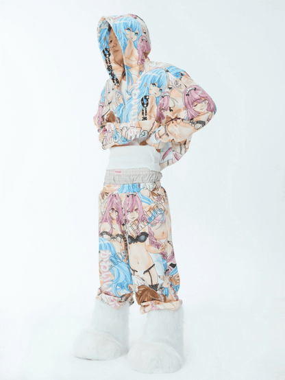 Closure Hoodie Colorful Cartoon Print Zip