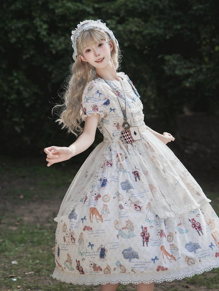 Azure Alice in Wonderland Print Round Neck Sweet Gown with Drawstring Waist - Forest Fairy Tales