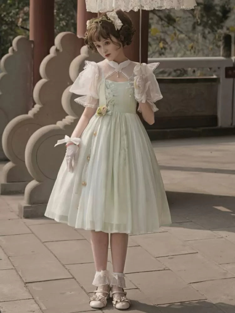 グリーンの縞模様の花柄刺繍トップドレス ホワイトカラー +