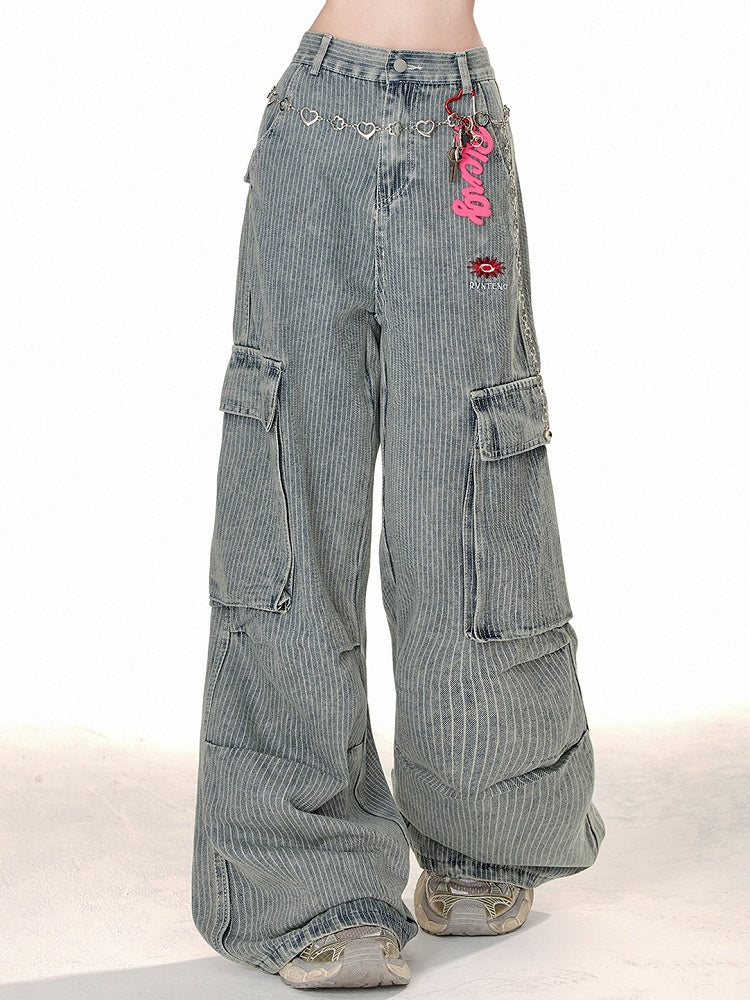 Blue Cargo Pockets Design Relaxed-fit Corduroy Wide-Leg Pants