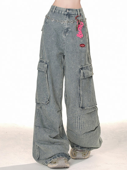 Blue Cargo Pockets Design Relaxed-fit Corduroy Wide-Leg Pants
