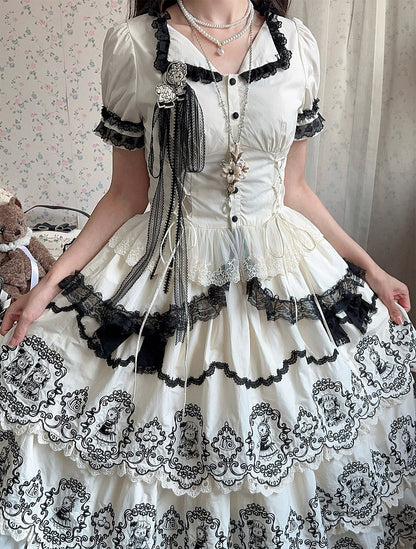 Lolita with Black Sleeves White Trims Elegant Lace Puff Blouse