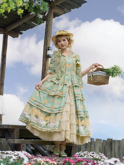 Button Lemon Print Short Skirt Placket Lolita Sleeves Tiered and Front Dress Green Chick