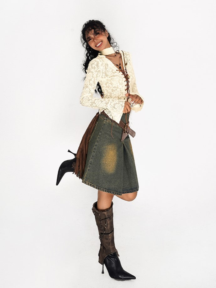 Embroidery  Bell Sleeves Beige Flocked Mesh Floral Lace-up Blouse with