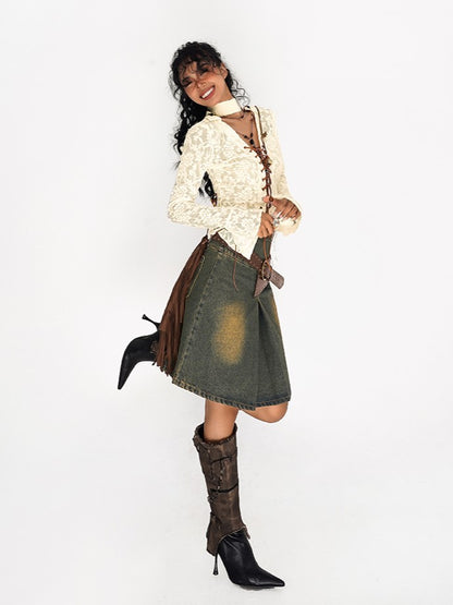 Embroidery  Bell Sleeves Beige Flocked Mesh Floral Lace-up Blouse with