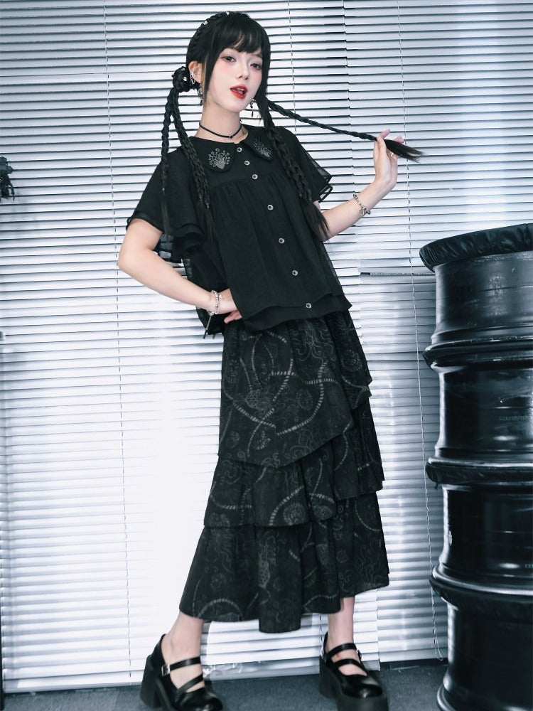 Dark Peter Pan Collar Short Sleeve Blouse with Floral Embroidery - Quirky Hut