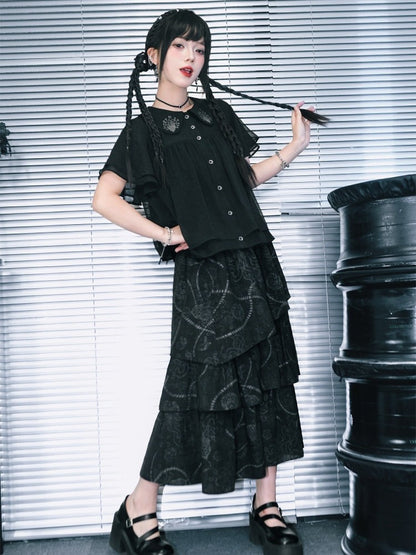 Dark Peter Pan Collar Short Sleeve Blouse with Floral Embroidery - Quirky Hut