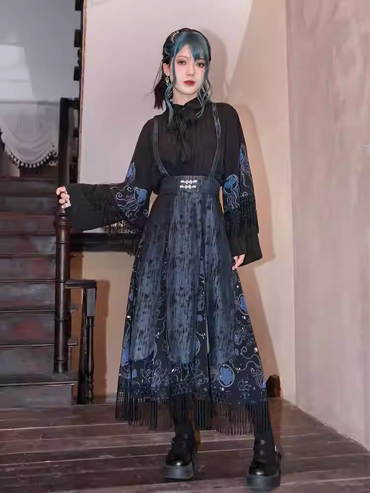 Style Skirt Overalls Straps Print Detachable Blue Jellyfish Black Tassel Hem with Cheongsam