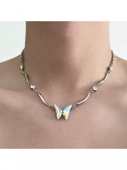 Silver Rhinestone Butterfly Necklace - YSHXS