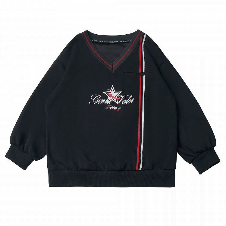Kawaii Preppy Star-Printed V-Neck Pullover in Black - PINK SAVIOR