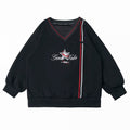 Kawaii Preppy Star-Printed V-Neck Pullover in Black - PINK SAVIOR