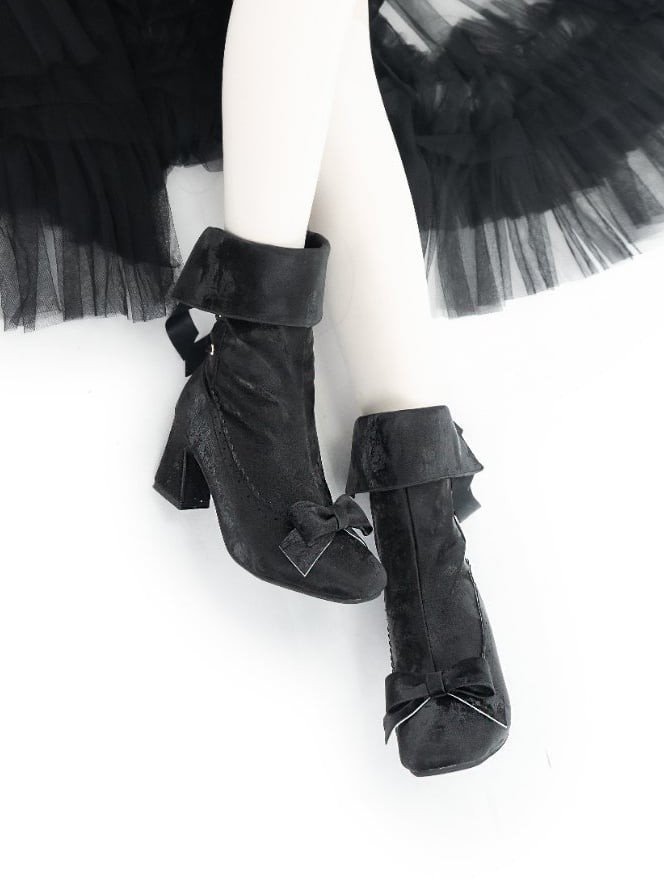 Rear High - Scalloped Foldable Lacing Cuff Elegant Black Block with Ankle Lolita Boots Heel Edging