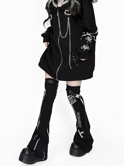 Reflective Leg Warmers Black Cyberpunk Design Techwear Flared Print