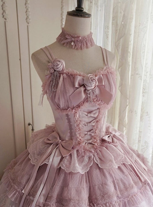 Classic Elegant Pink Lace with Rose and Lolita Bow Boned Corset Top Accents Trim