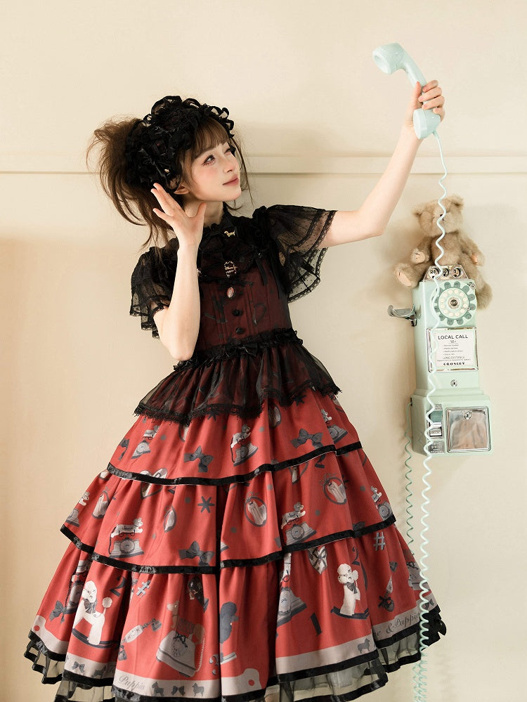 子犬と電話のプリントのティアードスカート ブラックとレッドのスイートロリータジャンパースカート