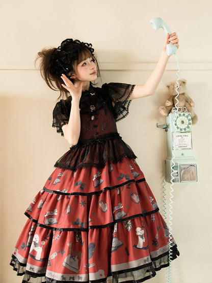 子犬と電話のプリントのティアードスカート ブラックとレッドのスイートロリータジャンパースカート