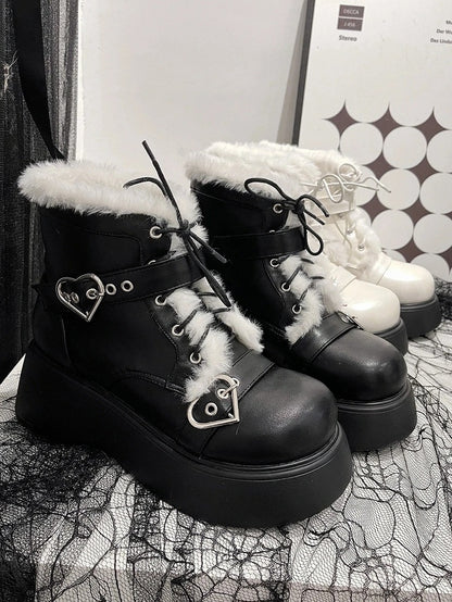 Lace-Up Platform Black Design Buckle Heart Lined PU Boots Plush with - Punk
