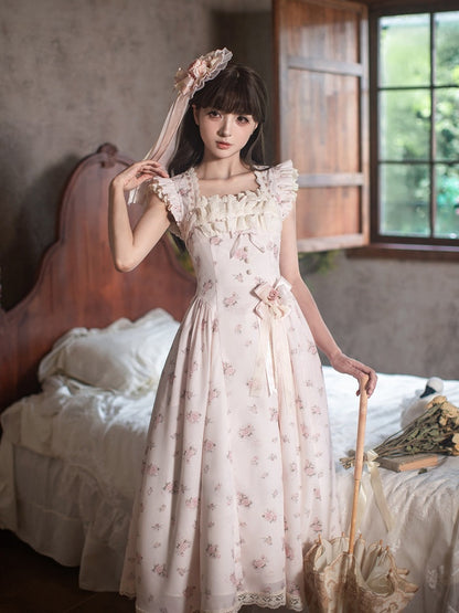 Graceful Pink Floral Lace JSK Dress with Brooch Set