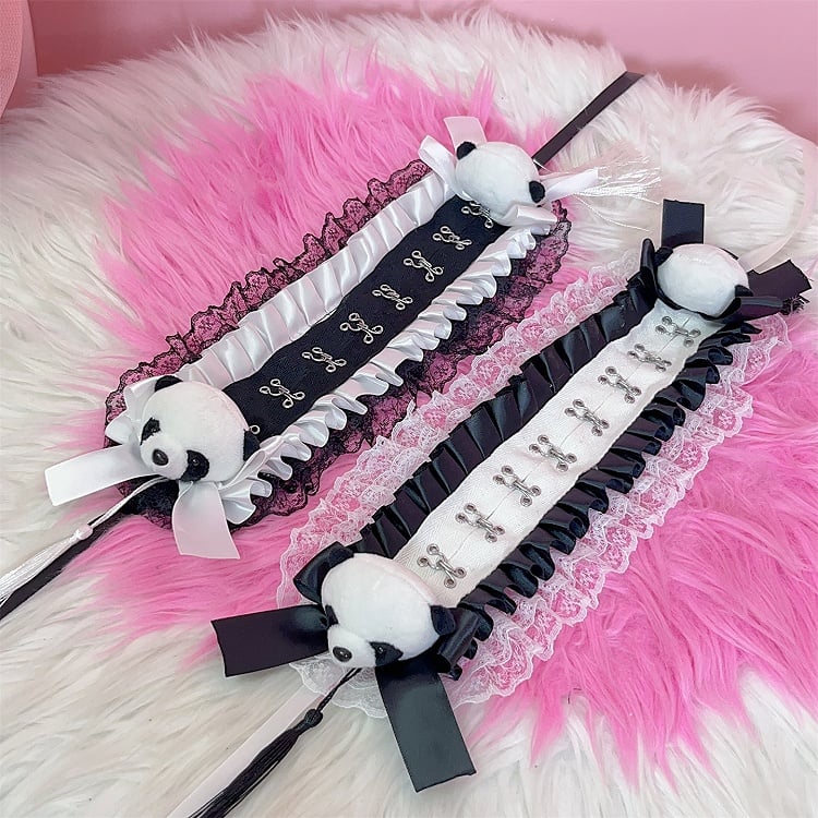 Bowknot Ruffled Hairband Jirai Panda Decorated with Black/White Lace Details Plush Tassels Trim Kei