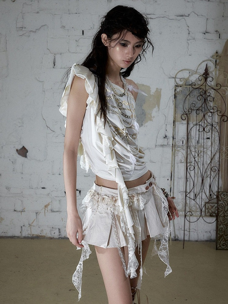 Punk Gold Chain Print Apricot Top with Asymmetric Neckline - NO ROMANCE