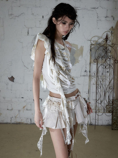 Punk Gold Chain Print Apricot Top with Asymmetric Neckline - NO ROMANCE