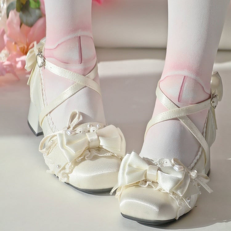 Mid-heel Toe Satin - Square Elegant Janes Accents Mary Bow Champagne Lolita