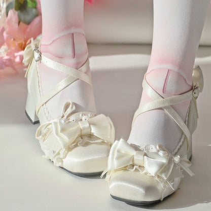 Mid-heel Toe Satin - Square Elegant Janes Accents Mary Bow Champagne Lolita