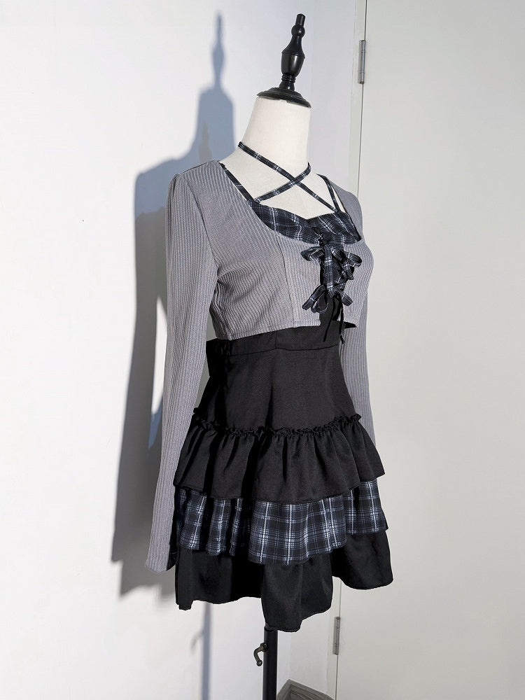 Jirai-kei Plaid Halter Tiered Ruffle Dress in Black with Gray Knit Cardigan Duo - GingaU