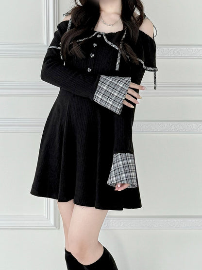 Off-the-Shoulder Jirai Kei and Heart with Partial Buttons Black Cuffs Dress Plaid Knit