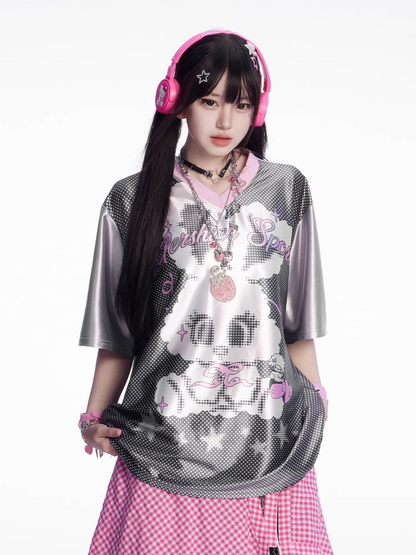 愛らしいウサギのプリント、白黒Vネック水玉Tシャツ