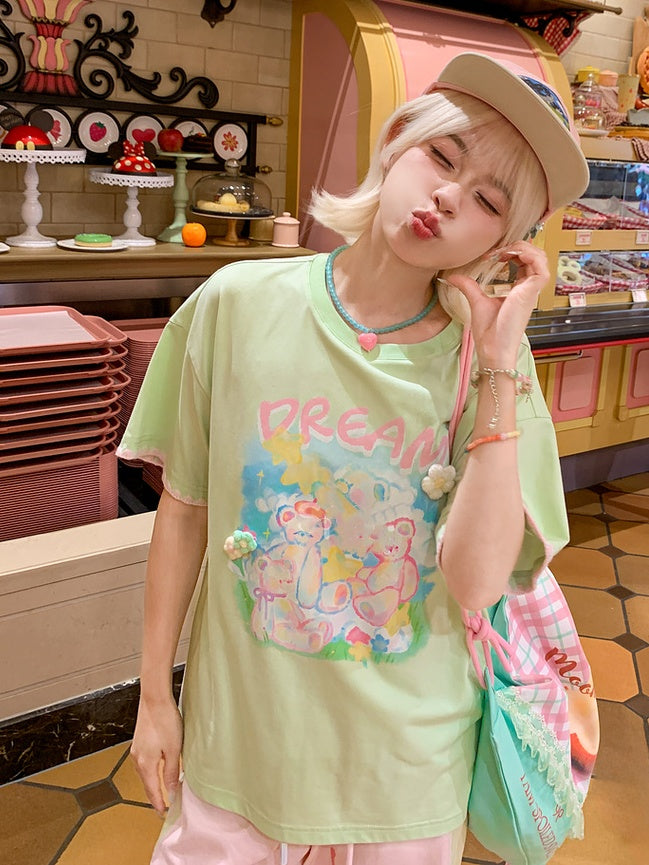 Loose T-shirt Accents Green Round Neck Teddy Bear Print Knit Floral