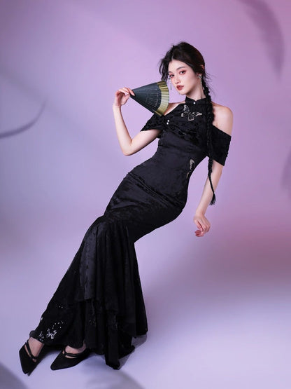 Classic Cheongsam Fish Tail Long Dress with Butterfly Cutout & Jacquard - sijinstudio