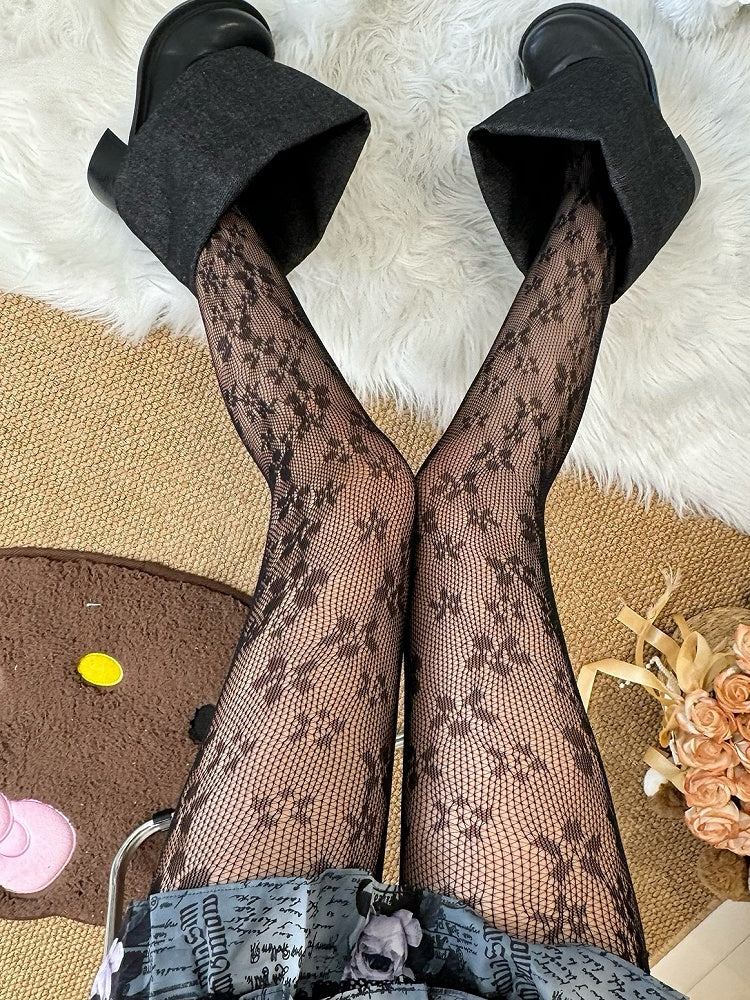 Y2K Brown/Purple/Black/White Floral Details Tights
