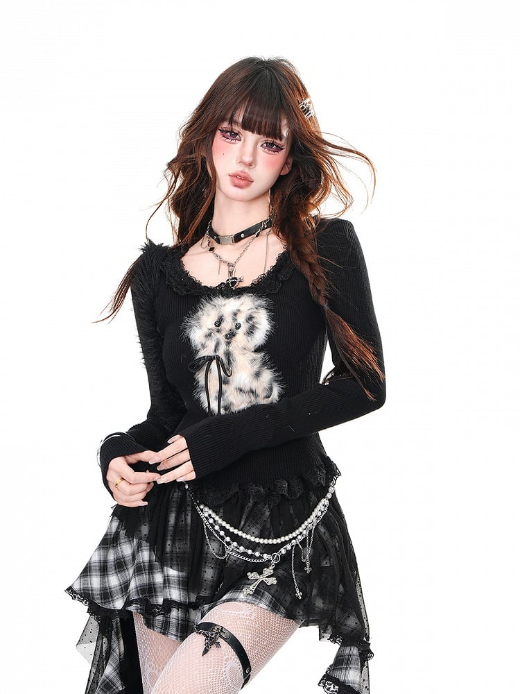 Adorable Plush Puppy Ruffled Neckline and Hem Black Glamorous Knitted Top