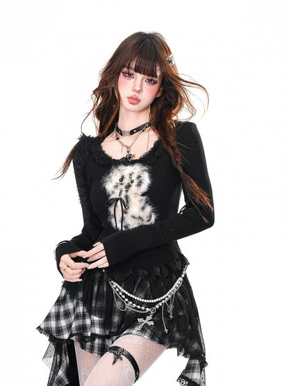 Adorable Plush Puppy Ruffled Neckline and Hem Black Glamorous Knitted Top