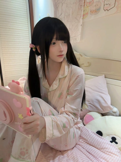 Set Strawberry Cat Light Pajama - Paw Print Pink