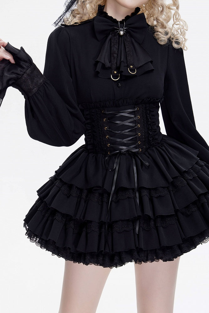Adjustable Lace-Up Black Layered Skirt with High Waist - DevilInspired Exclusive Collection