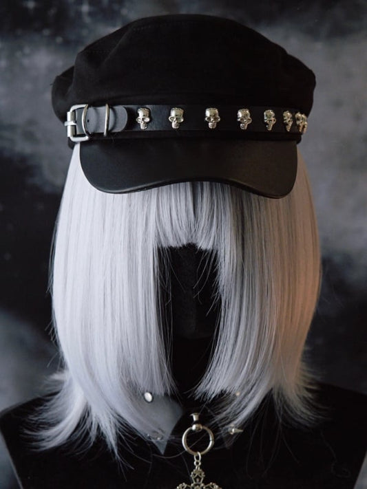 Beret Design Skeleton Decorated Buckle Black Hat Gothic