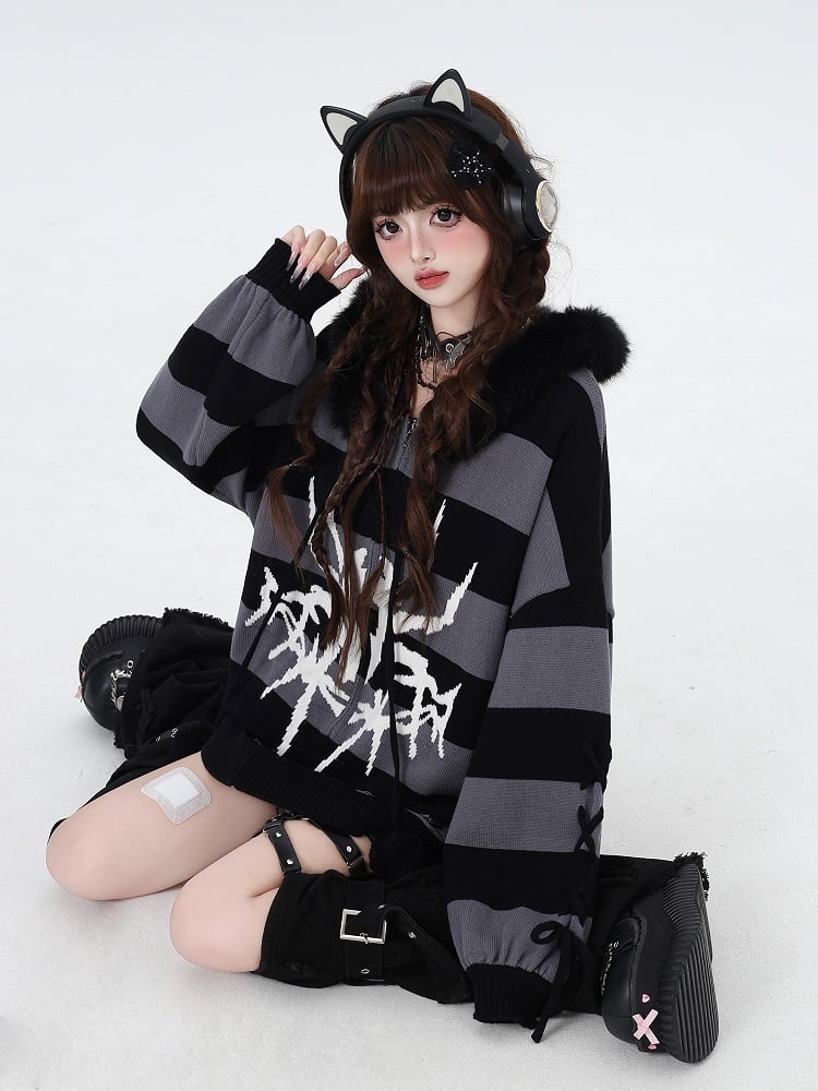 Hooded Striped Gray Fur Detachable Faux Zip Trim Punk Black with Sweater