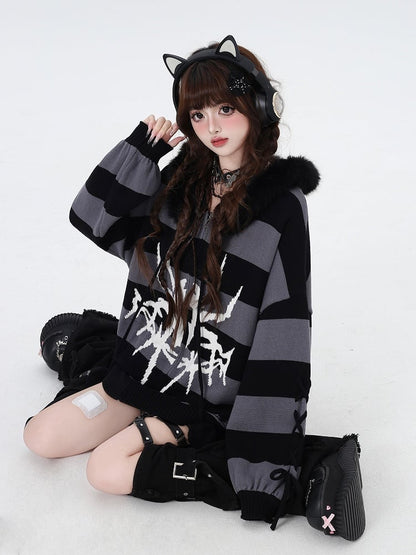Hooded Striped Gray Fur Detachable Faux Zip Trim Punk Black with Sweater