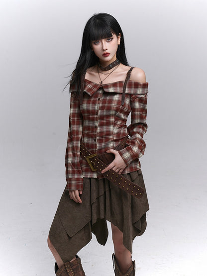 Plaid Off-Shoulder Design Blouse Gothic with PU Adjustable Red