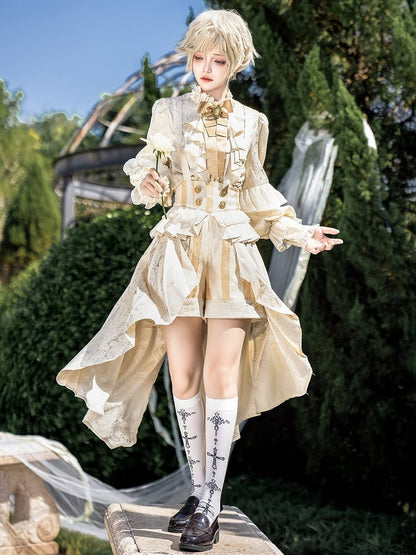 Outfit Shirt Ouji Rüschen Shorts Overall Lolita Lange Champagner Ärmel Ausschnitt Muster + Gestreifter Prinz